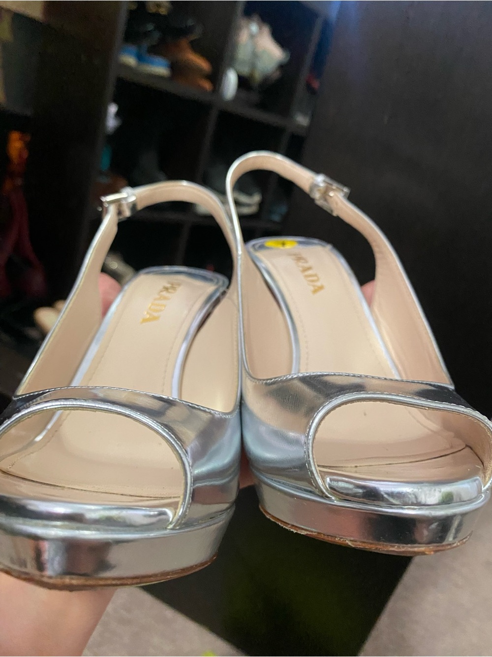 Prada Metallic Silver Peep-Toe Slingback Heels - Picture 7 of 9